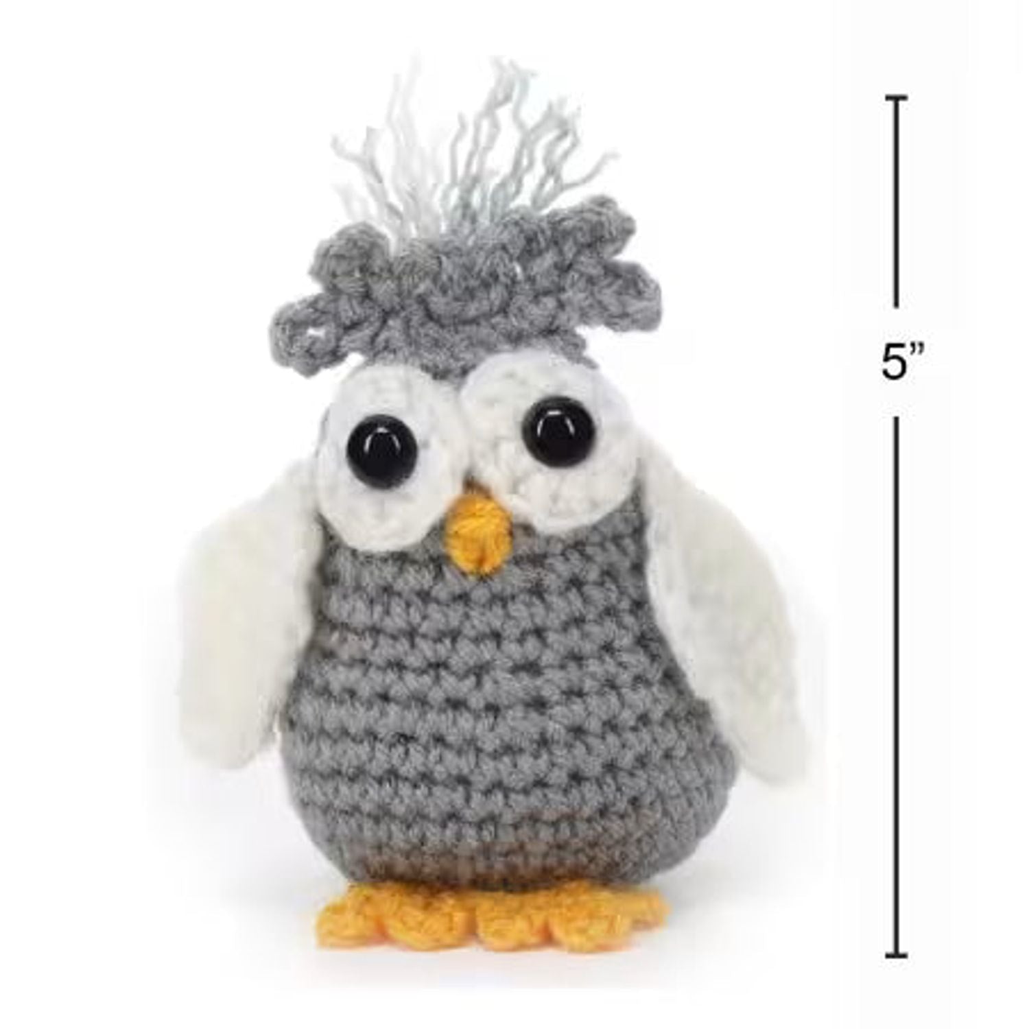 Amigurumi owl kit featuring a cute gray owl with white wings and an orange beak, measuring 5 inches tall