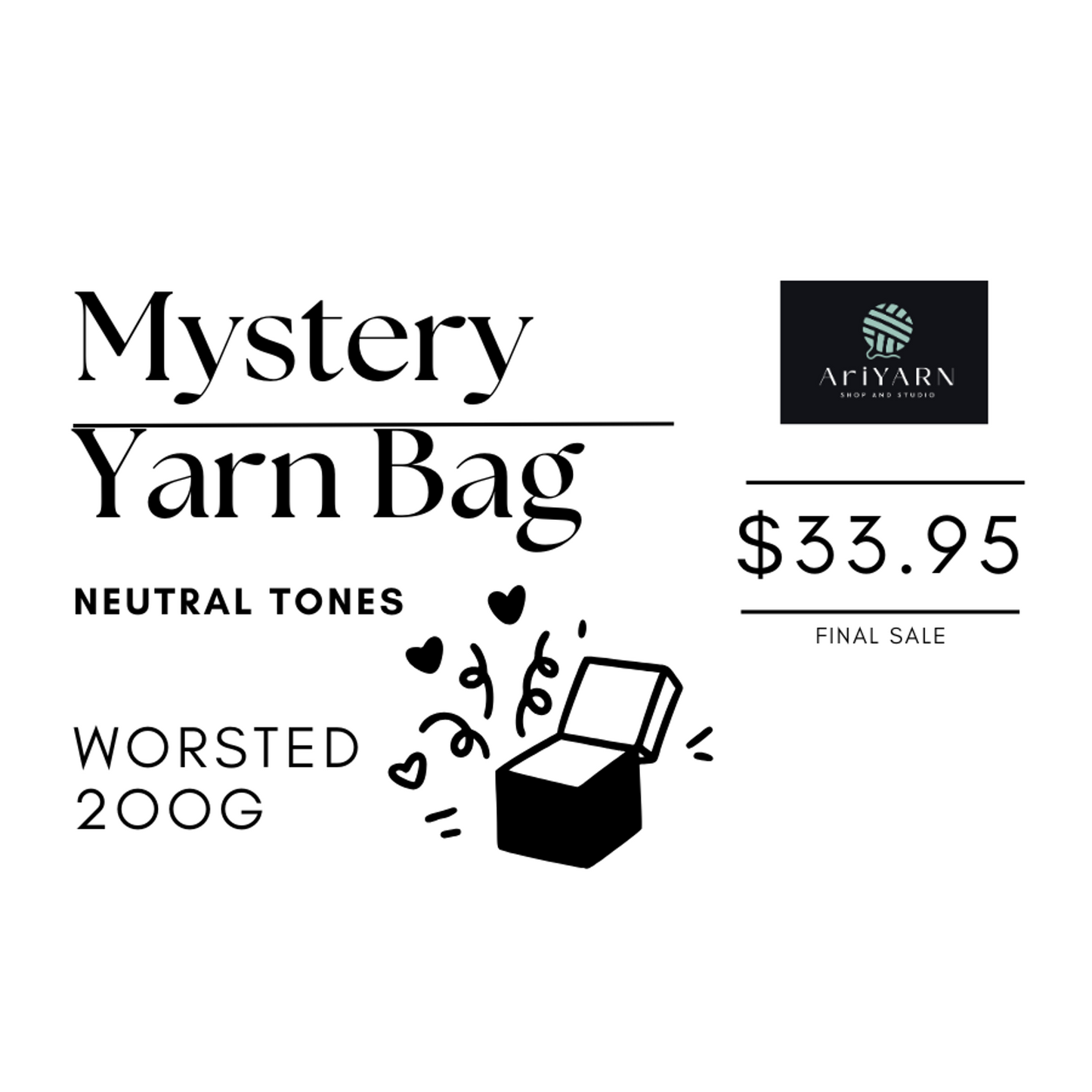 AriYARN worsted yarn mystery bag in neutral tones, containing 200g of assorted yarn.