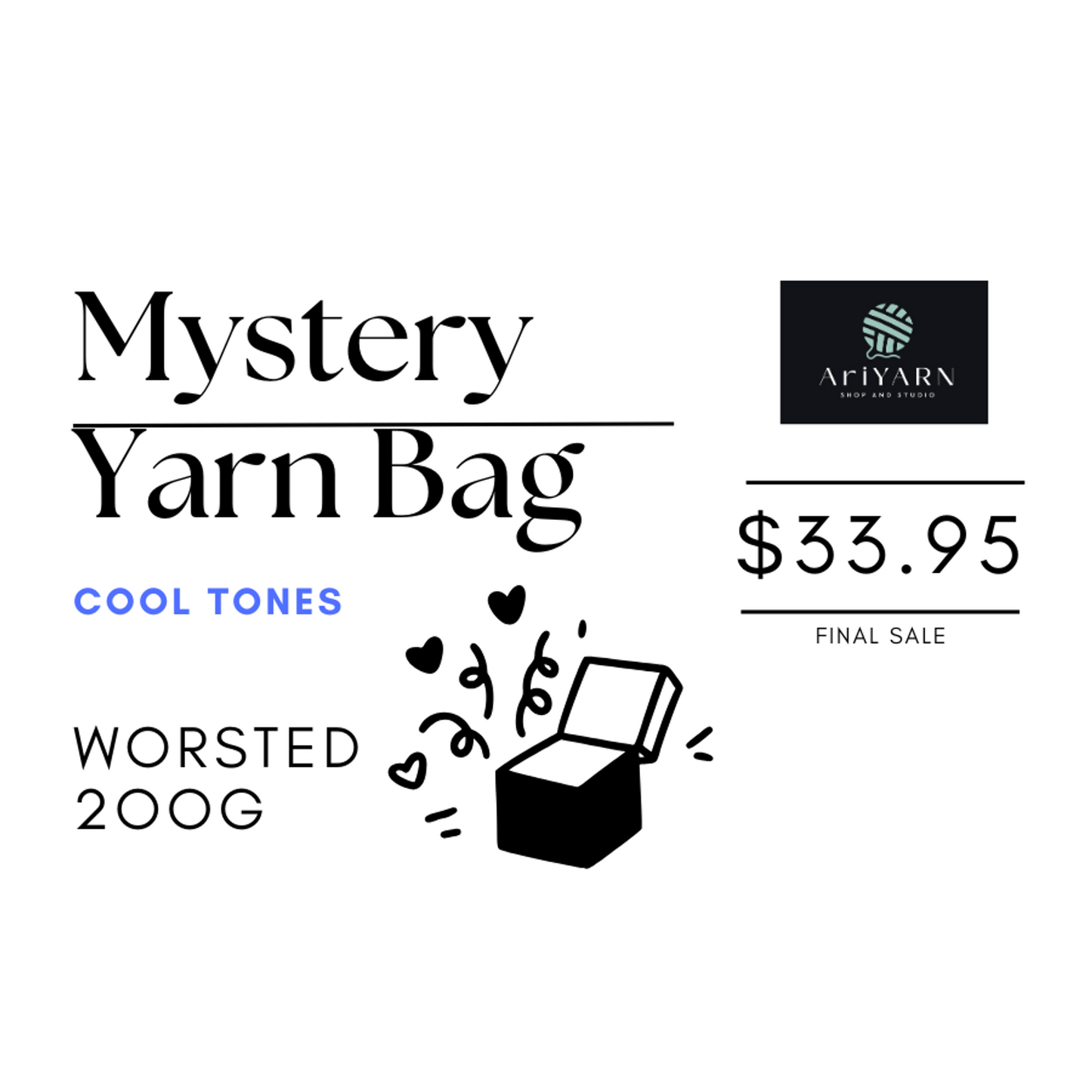 AriYARN Shop and Studio worsted yarn mystery bag featuring cool tones, 200g for crafting projects