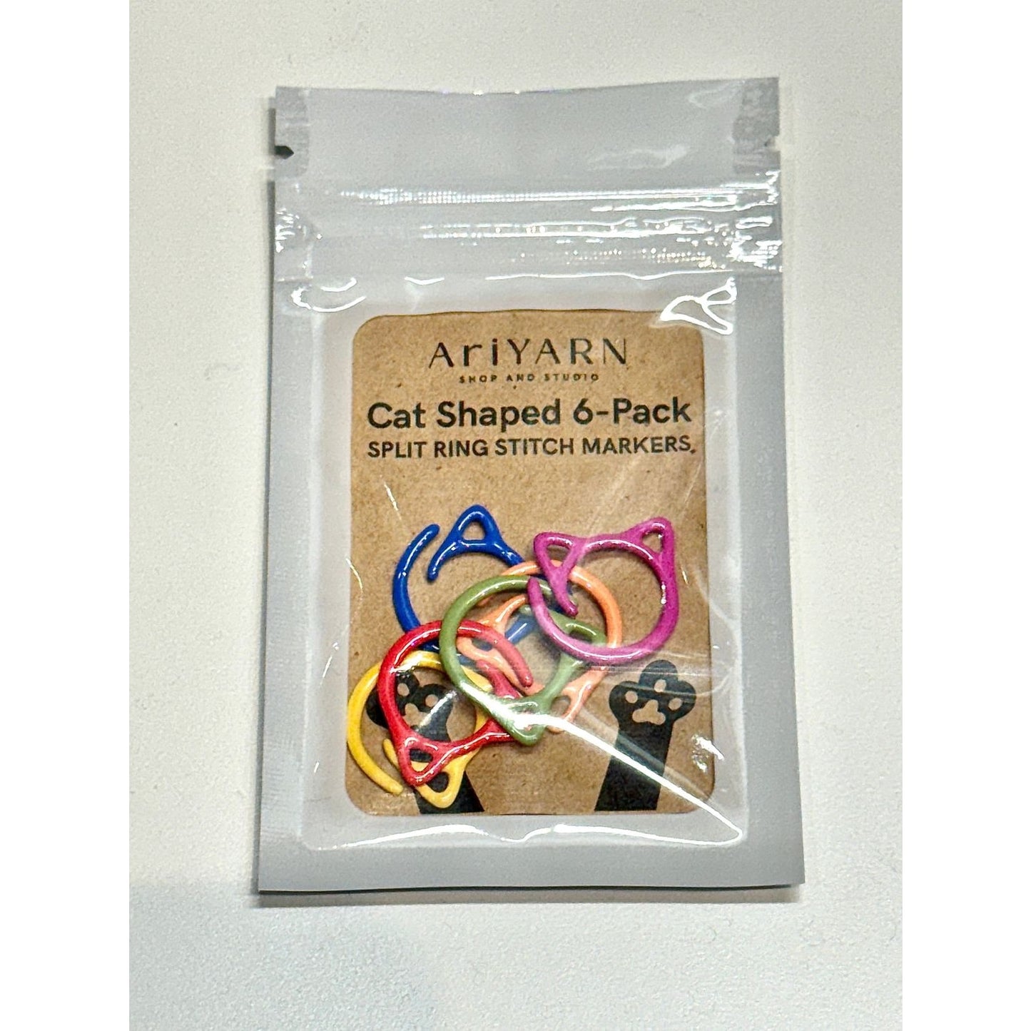 AriYARN Shop and Studio cat shaped 6 pack showing colorful kitty crochet stitch markers in six metal colors