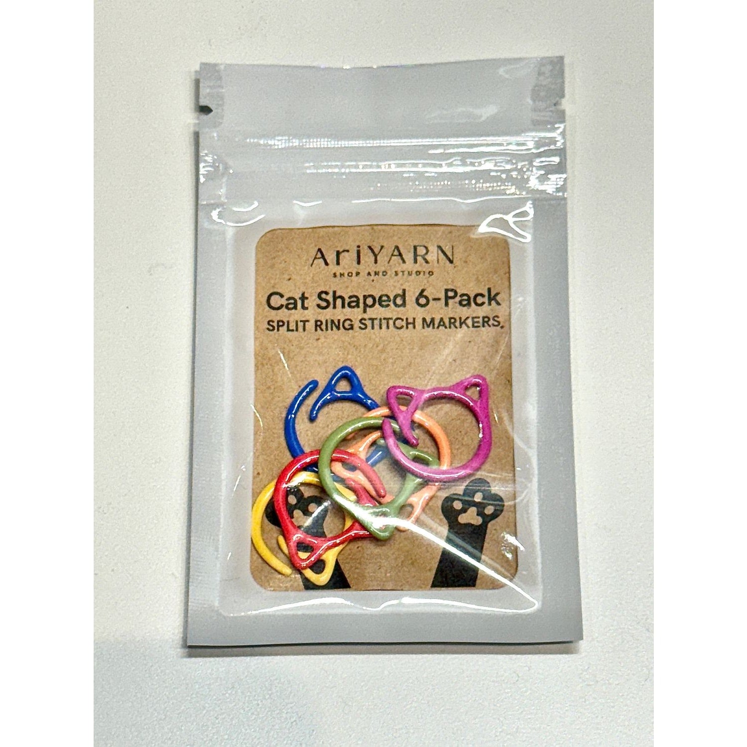 AriYARN Shop and Studio cat shaped 6 pack showing colorful kitty crochet stitch markers in six metal colors