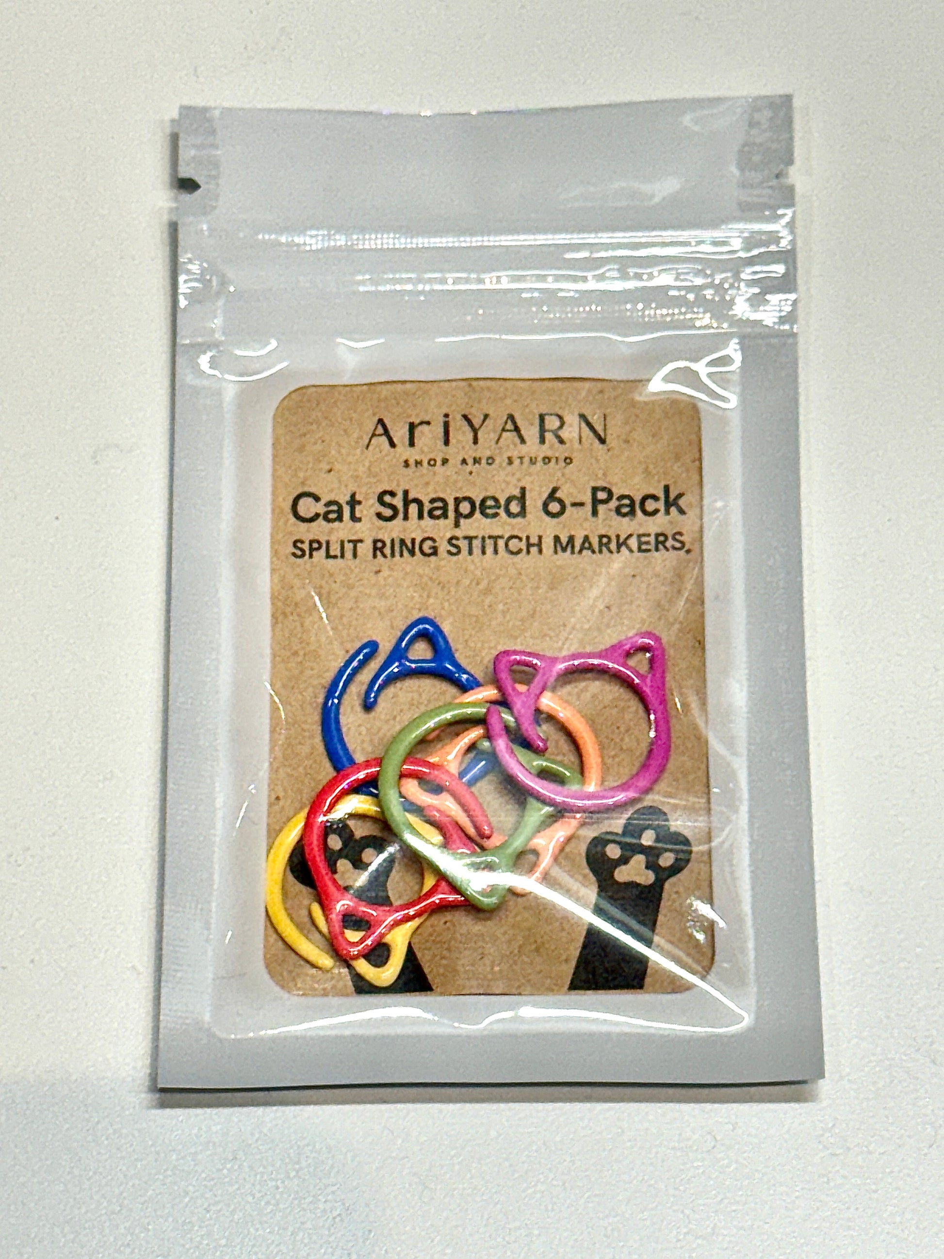 AriYARN Shop and Studio cat shaped 6 pack showing colorful kitty crochet stitch markers in six metal colors