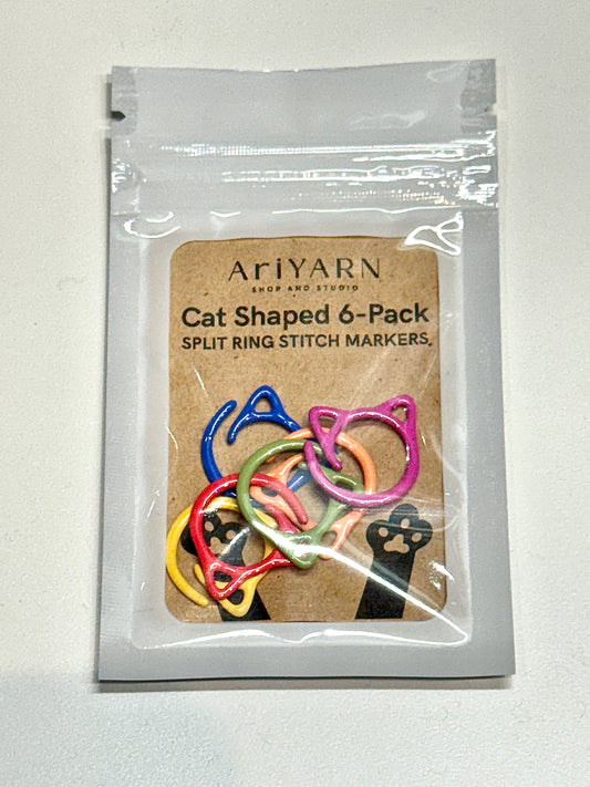 AriYARN Shop and Studio cat shaped 6 pack showing colorful kitty crochet stitch markers in six metal colors
