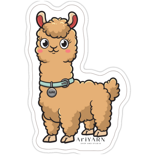 AriYARN Shop and Studio knitting llama sticker featuring a cute fluffy brown llama with collar