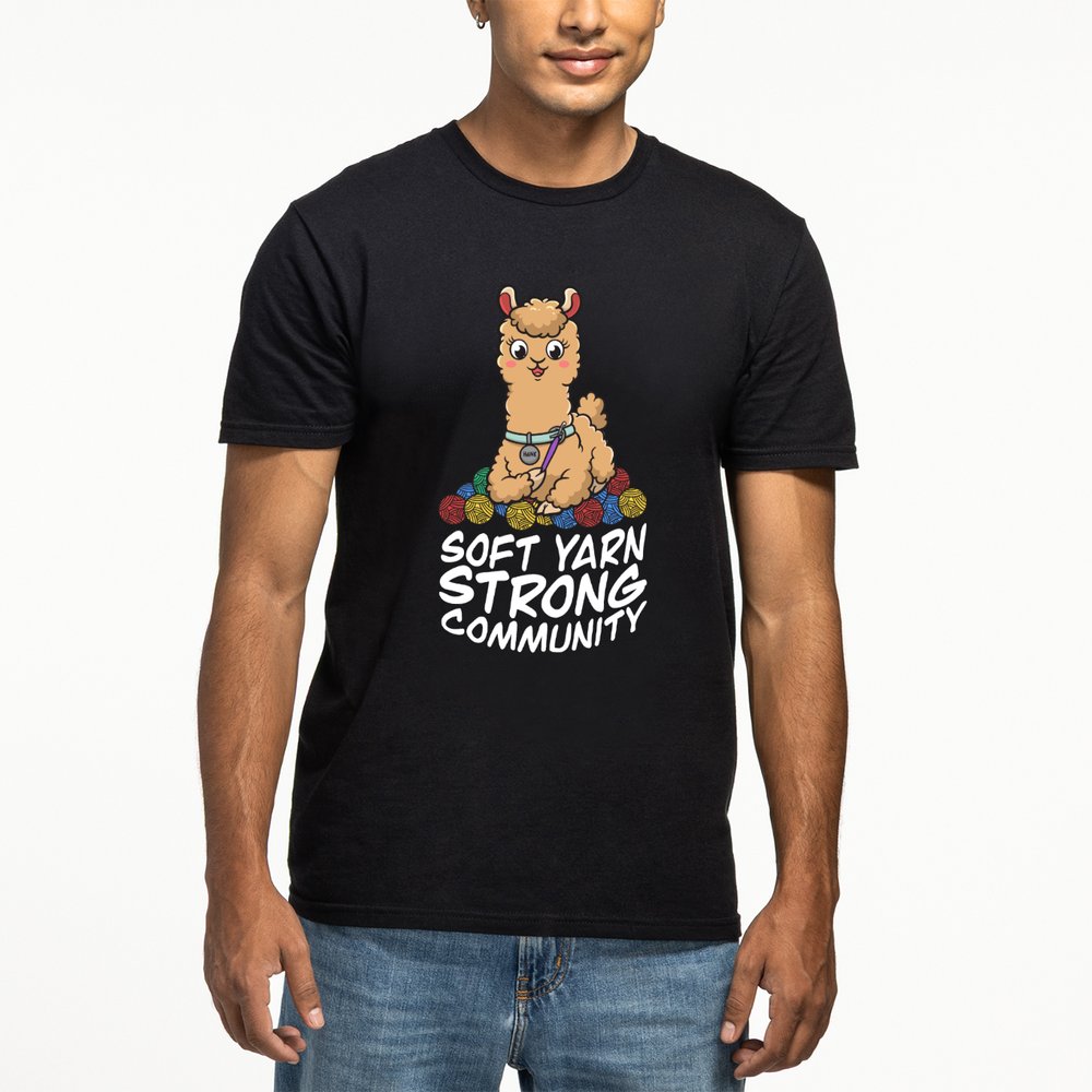 AriYARN Shop and Studio tea shirt graphic tee featuring a cute llama and the text Soft Yarn Strong Community