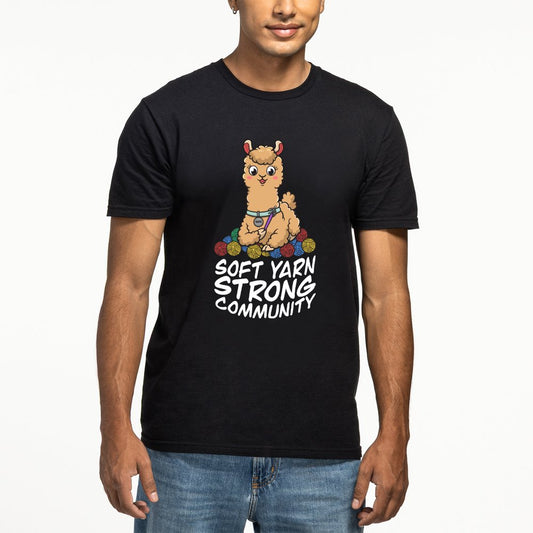 AriYARN Shop and Studio tea shirt graphic tee featuring a cute llama and the text Soft Yarn Strong Community