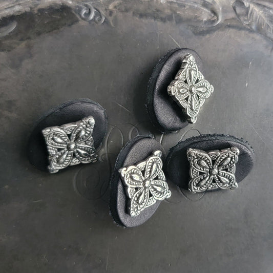 Jul Designs decorative metal buttons for knitting set of four ornate silver floral square buttons on black leather shanks
