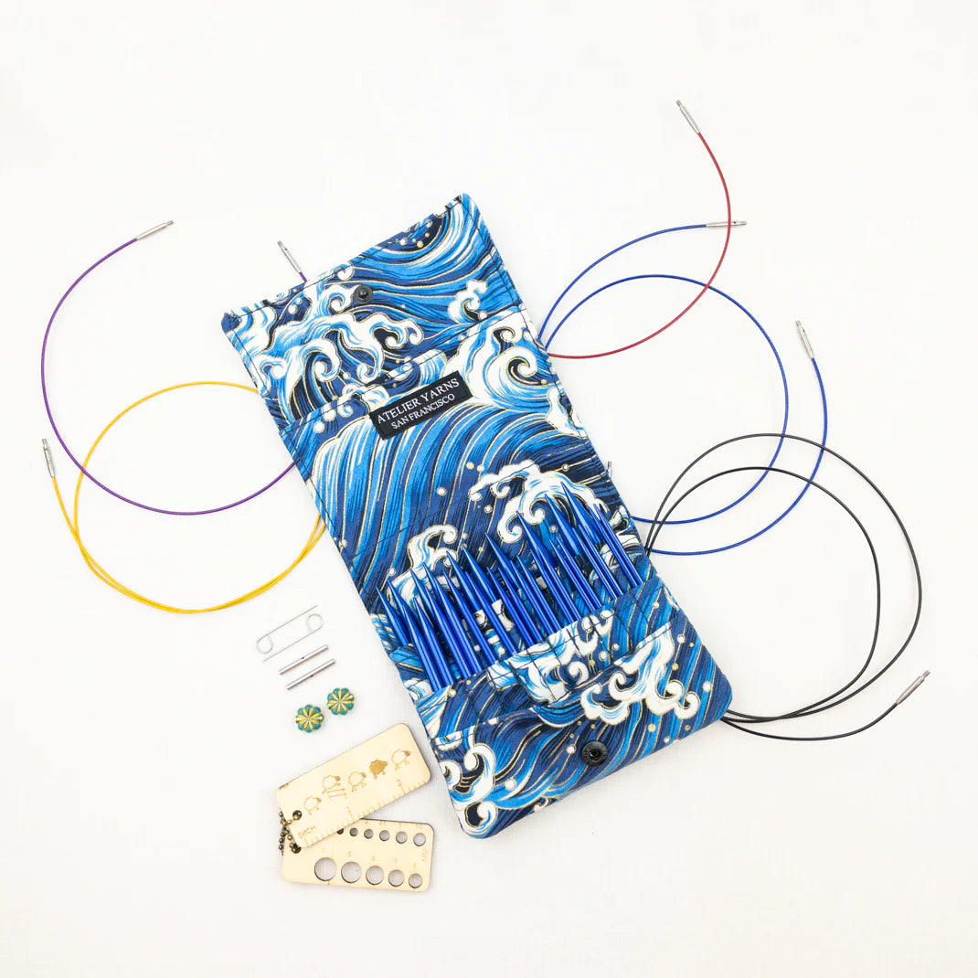 Atelier Yarns knitting needles interchangeable set with colorful cables and stylish carrying case