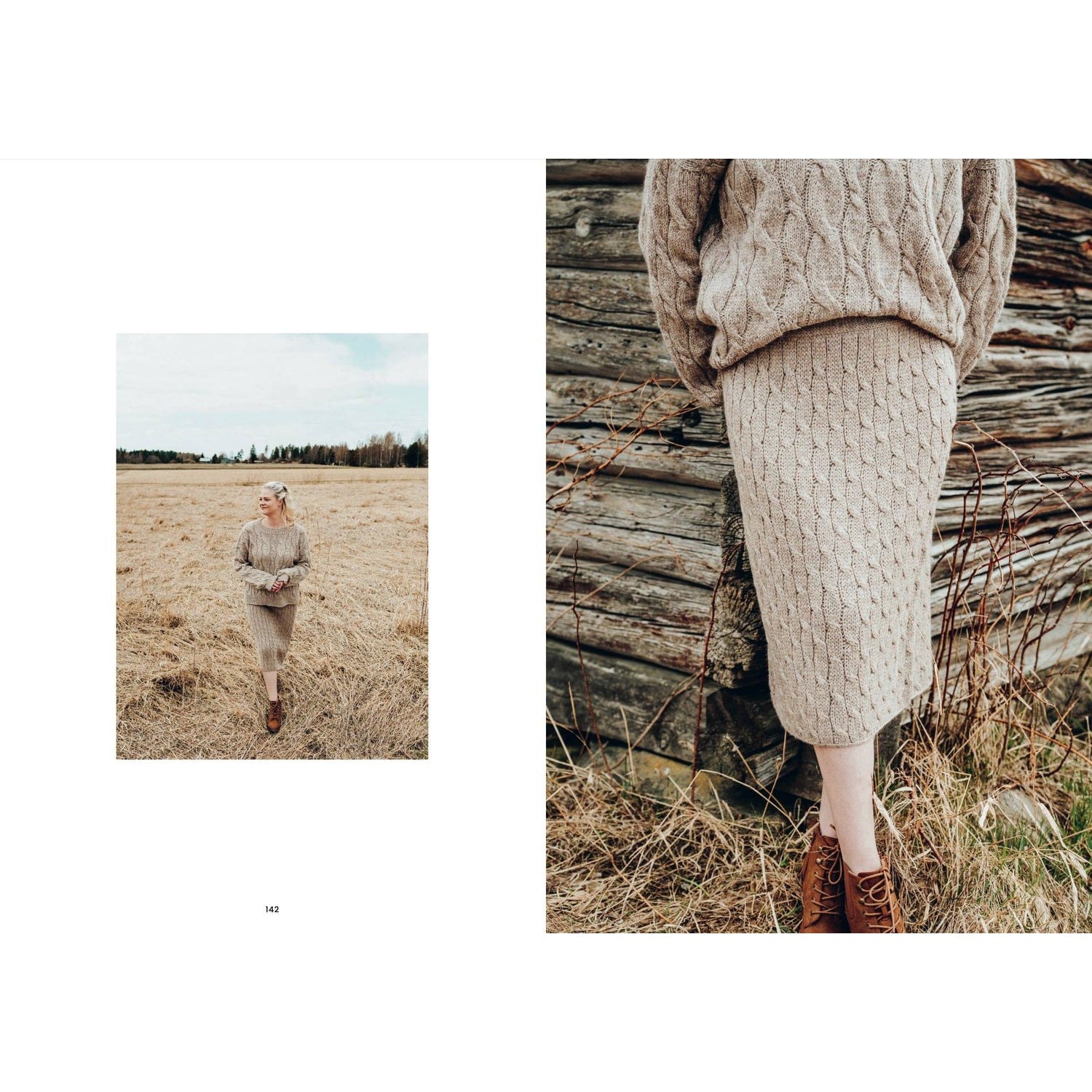 Cozy beige knitting cable sweater outfit showcased in a scenic outdoor setting