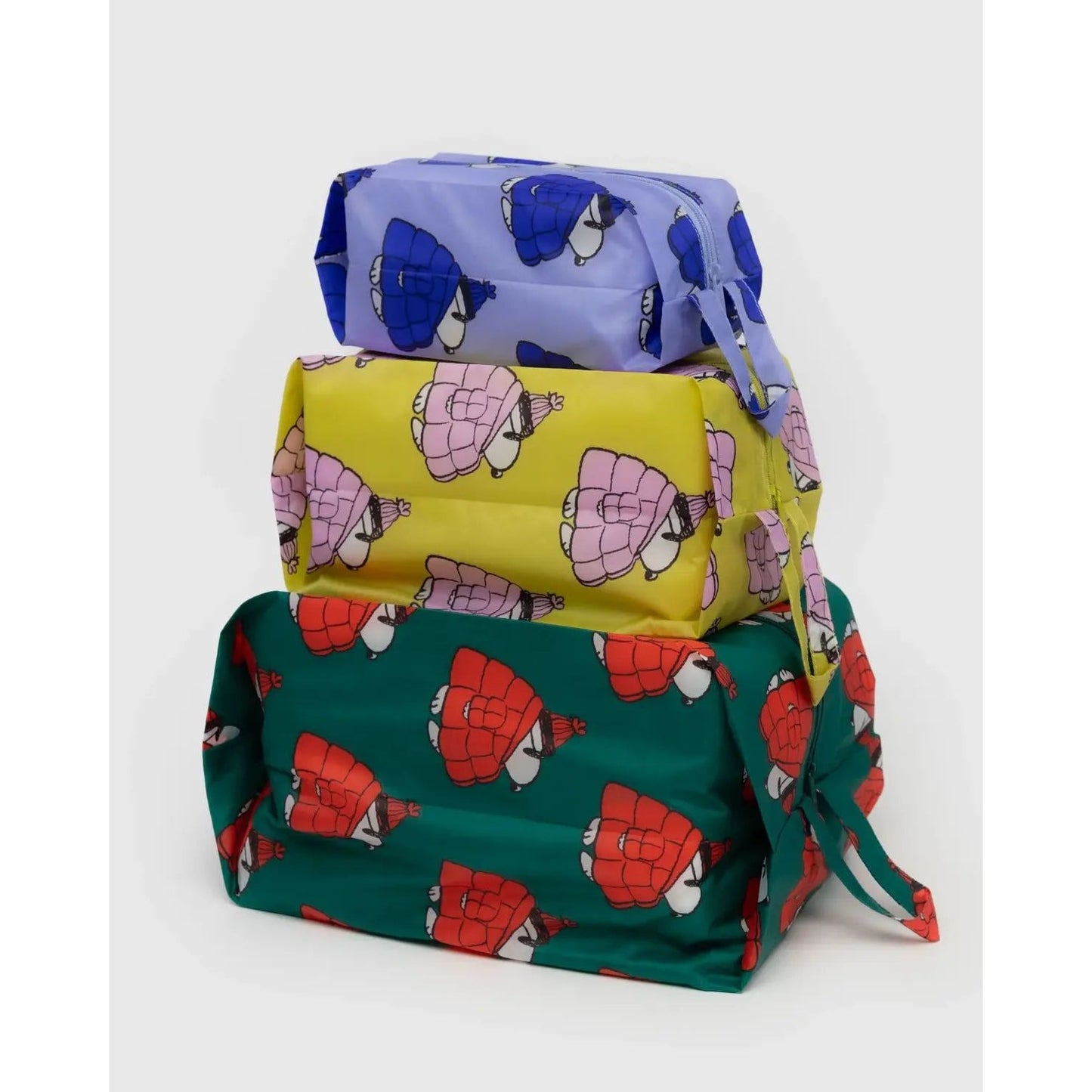 Baggu 3D Zip Set of Three Colorful Zip Bags in Purple, Yellow, and Green with Fun Turtle Print
