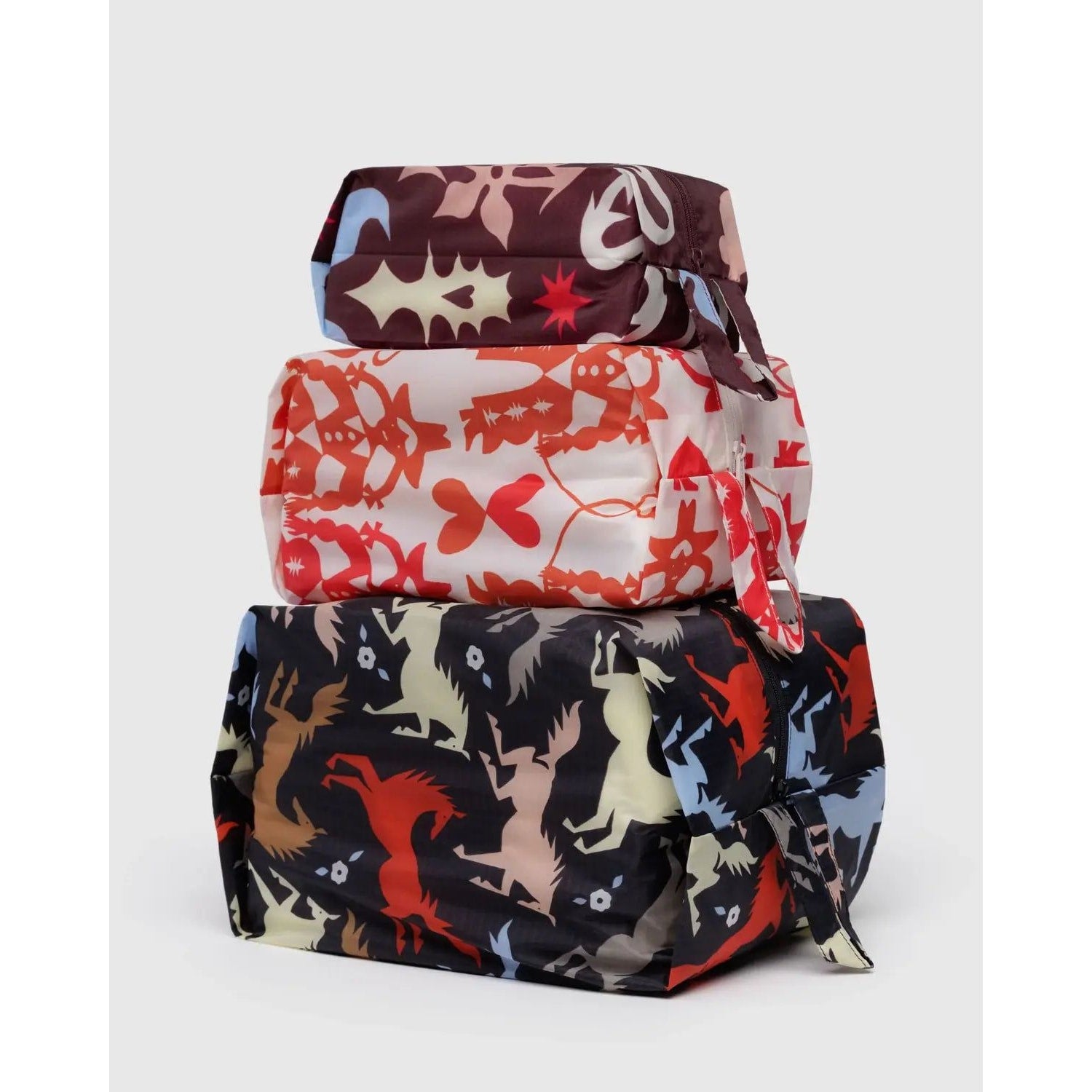 Baggu 3D Zip Set of three colorful storage bags with unique designs for versatile organization