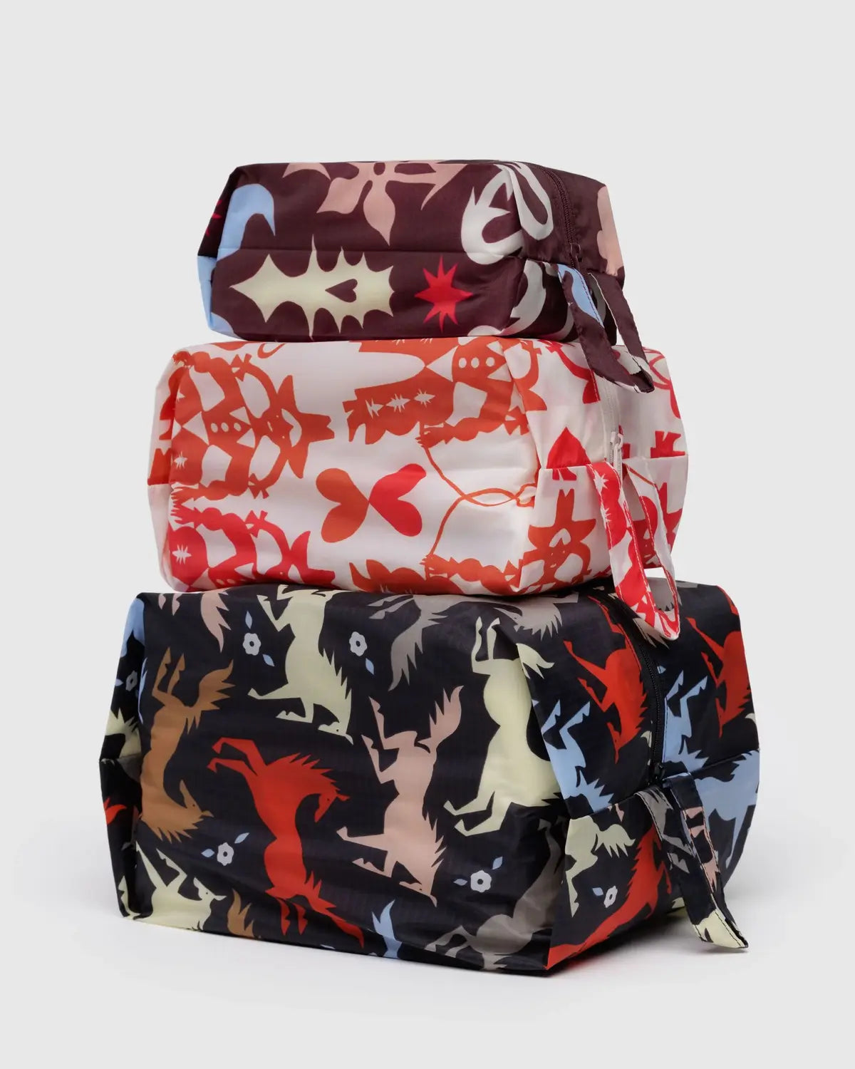 Baggu 3D Zip Set of three colorful storage bags with unique designs for versatile organization