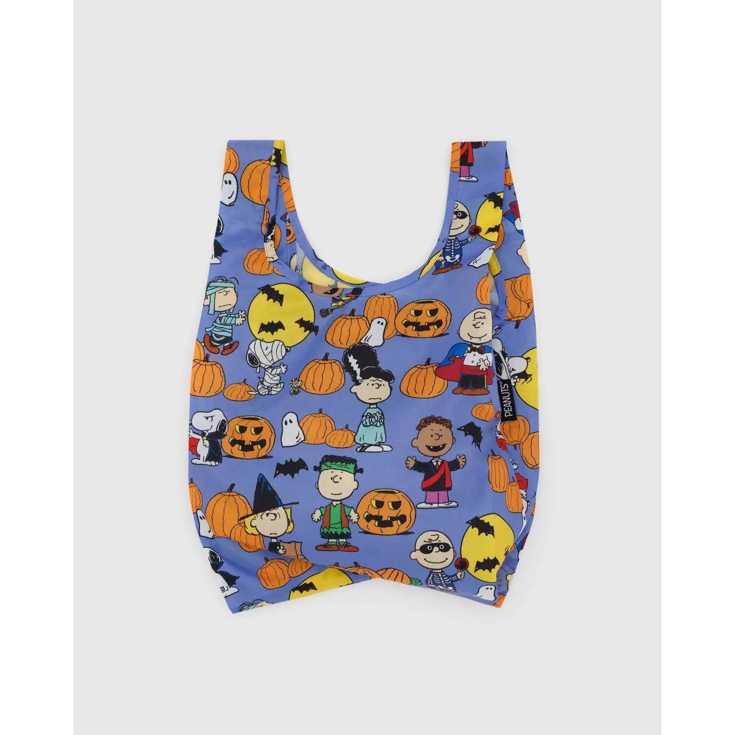 Baby Baggu reusable bag in Halloween-themed design featuring Peanuts characters and pumpkins
