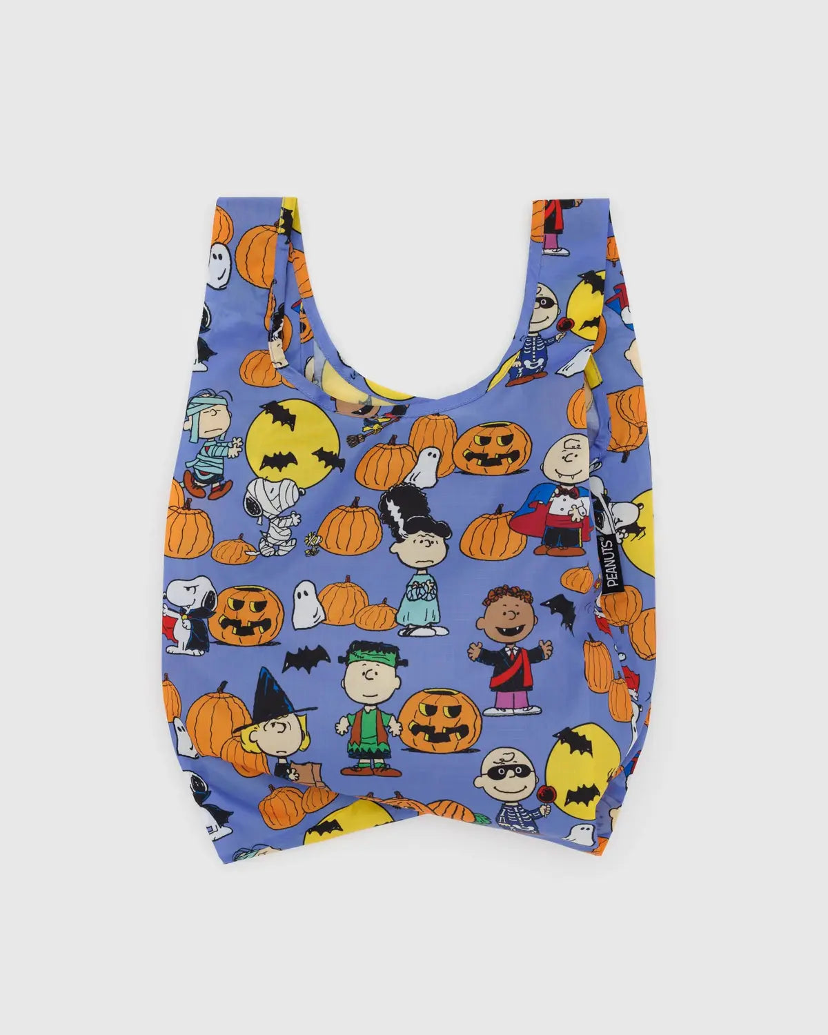 Baby Baggu reusable bag in Halloween-themed design featuring Peanuts characters and pumpkins