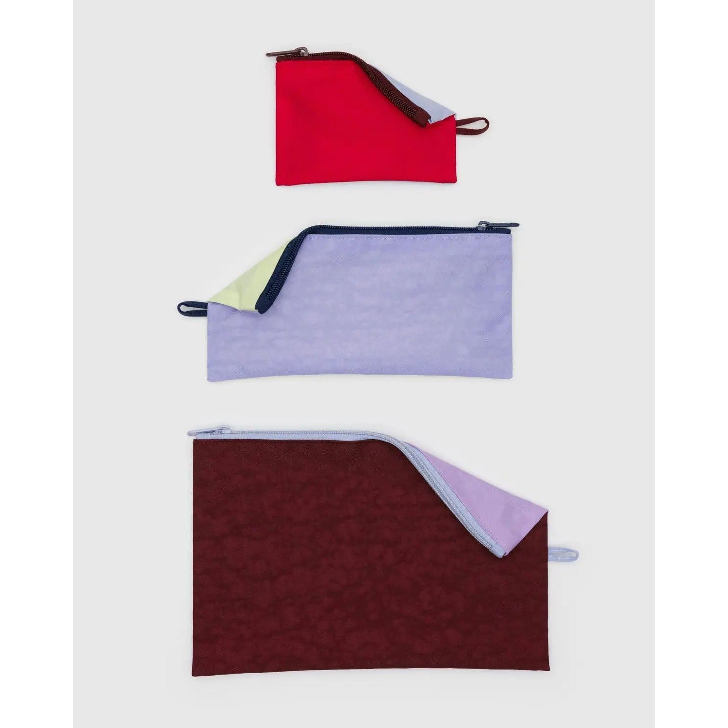 Baggu flat pouch set in three colors, perfect for organizing small items and essentials