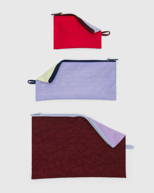 Baggu flat pouch set in three colors, perfect for organizing small items and essentials
