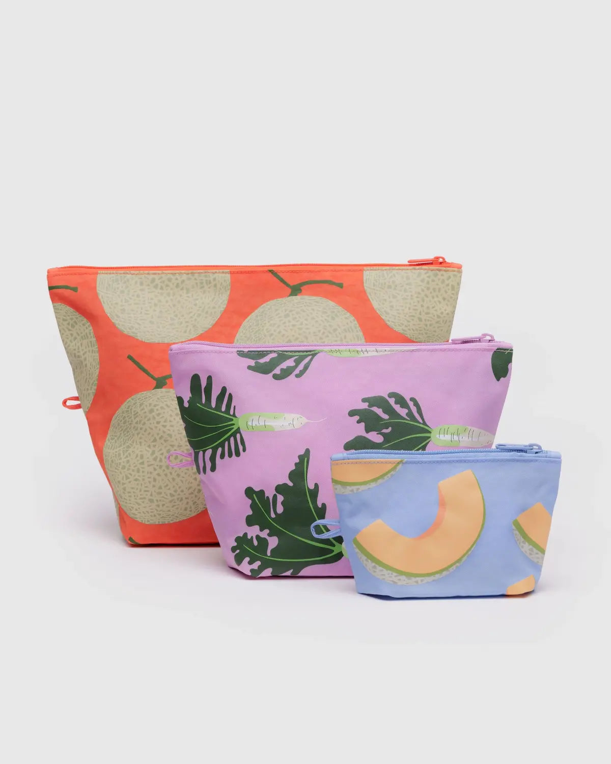 Baggu Go Pouch Set for knitting supplies featuring three colorful pouches with fruit patterns