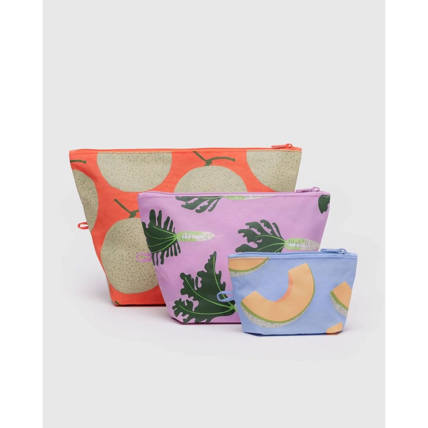 Baggu Go Pouch Set for knitting supplies in vibrant colors with fruit patterns and varying sizes