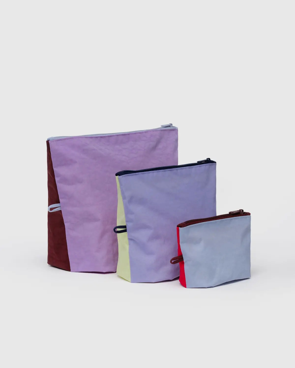 Baggu Go Pouch Set for knitting supplies in three sizes with colorful lightweight fabric