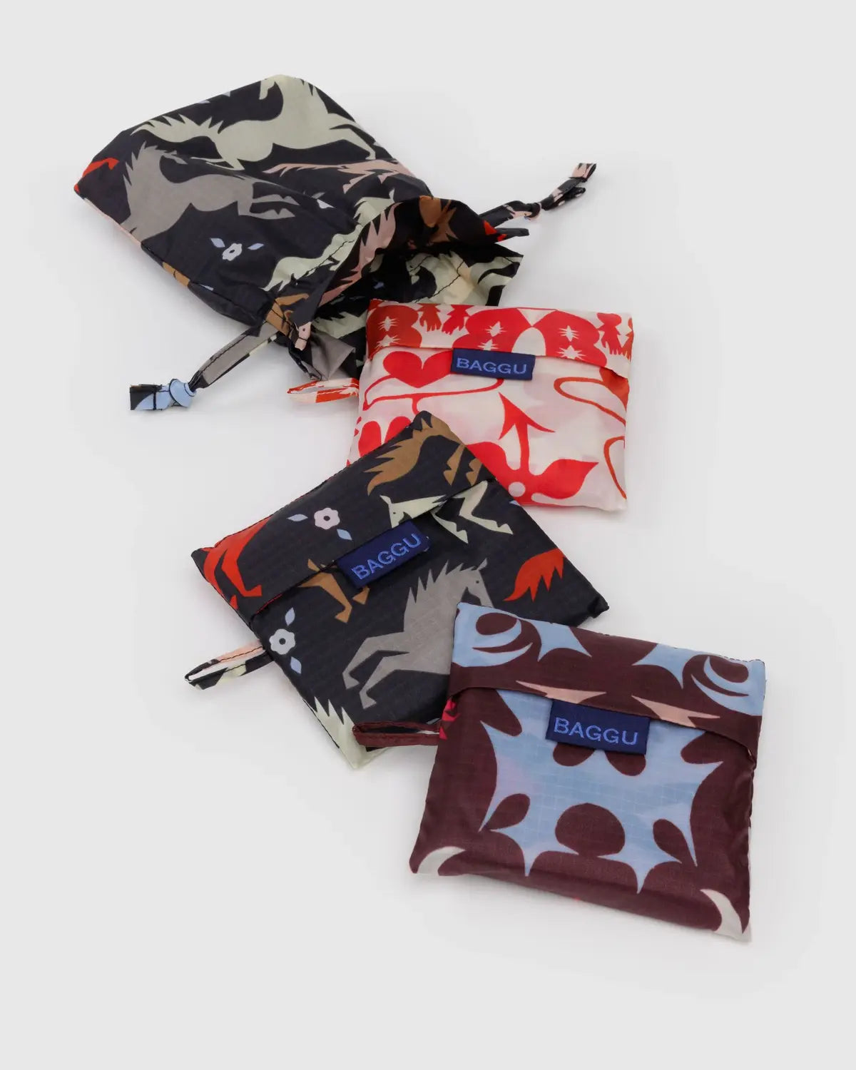 Baggu Standard Reusable Bag Set featuring colorful designs, easy to fold and store for eco-friendly shopping