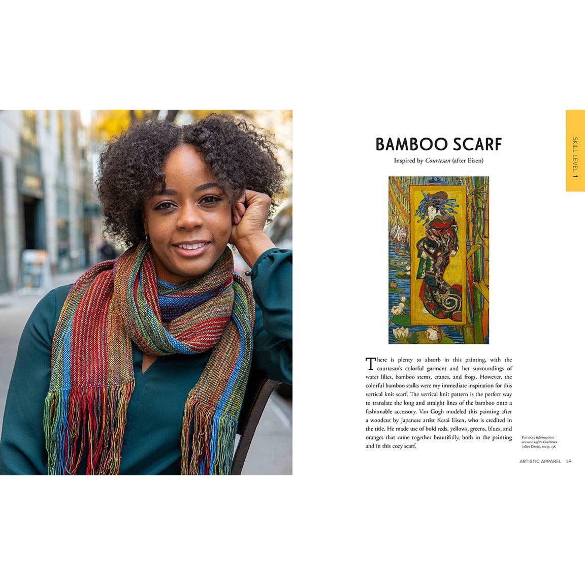 Bamboo scarf inspired by van gogh featuring vibrant colors, modeled by a woman outdoors