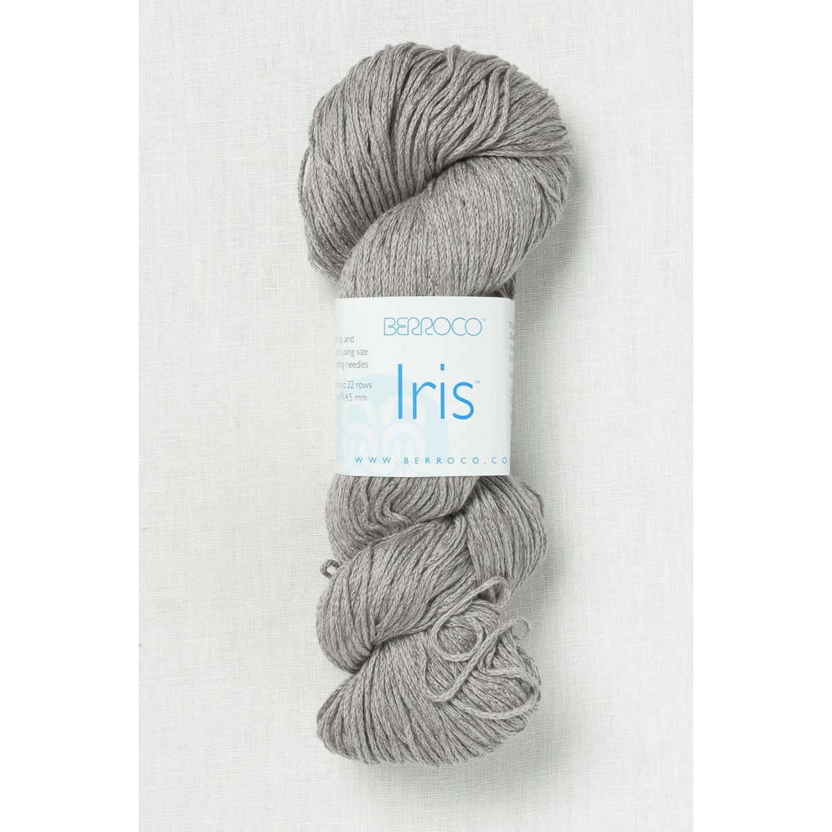 Berroco yarn Iris in a soft gray shade, ideal for knitting and crochet projects