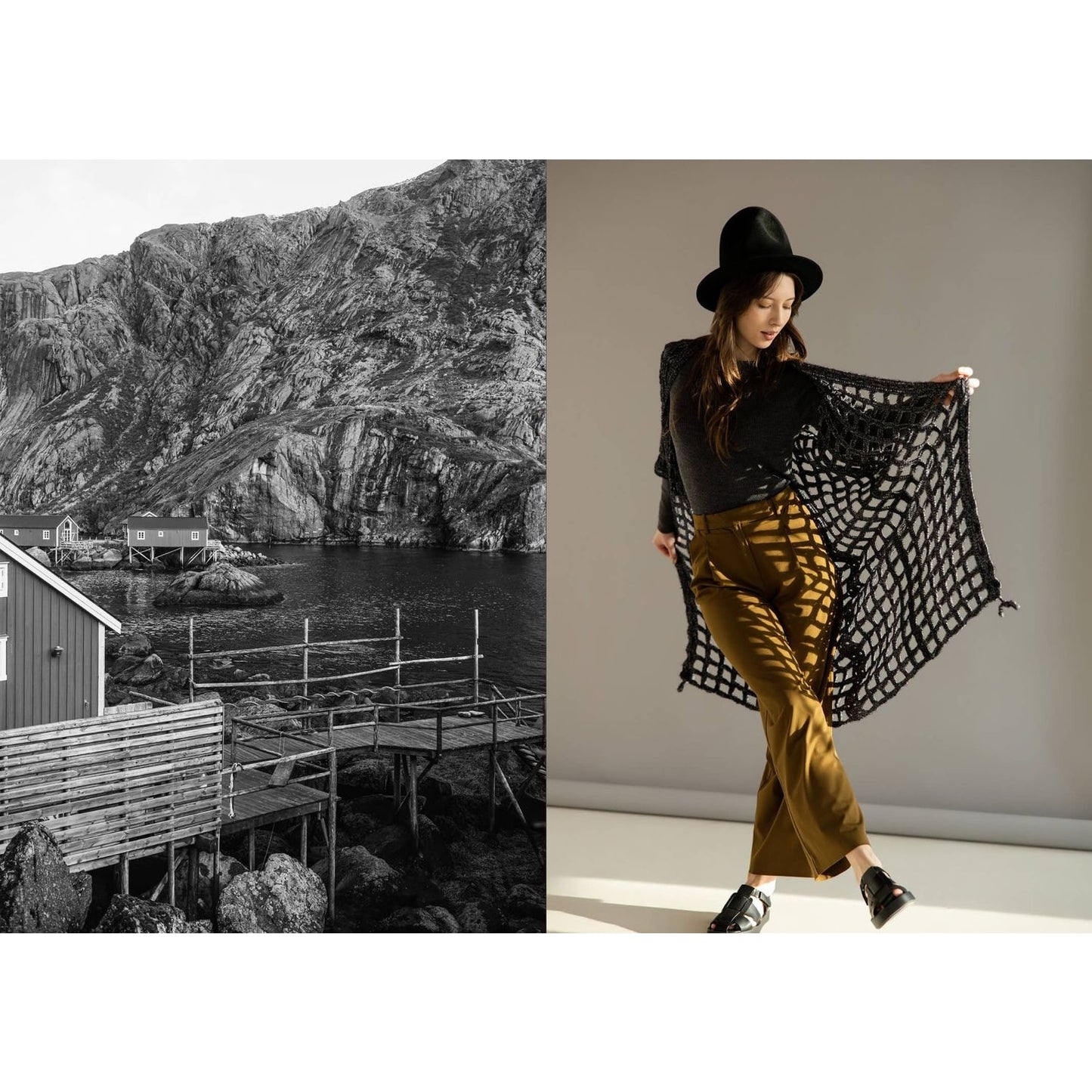 Woman modeling black crochet garments patterns with an elegant shawl against a neutral background