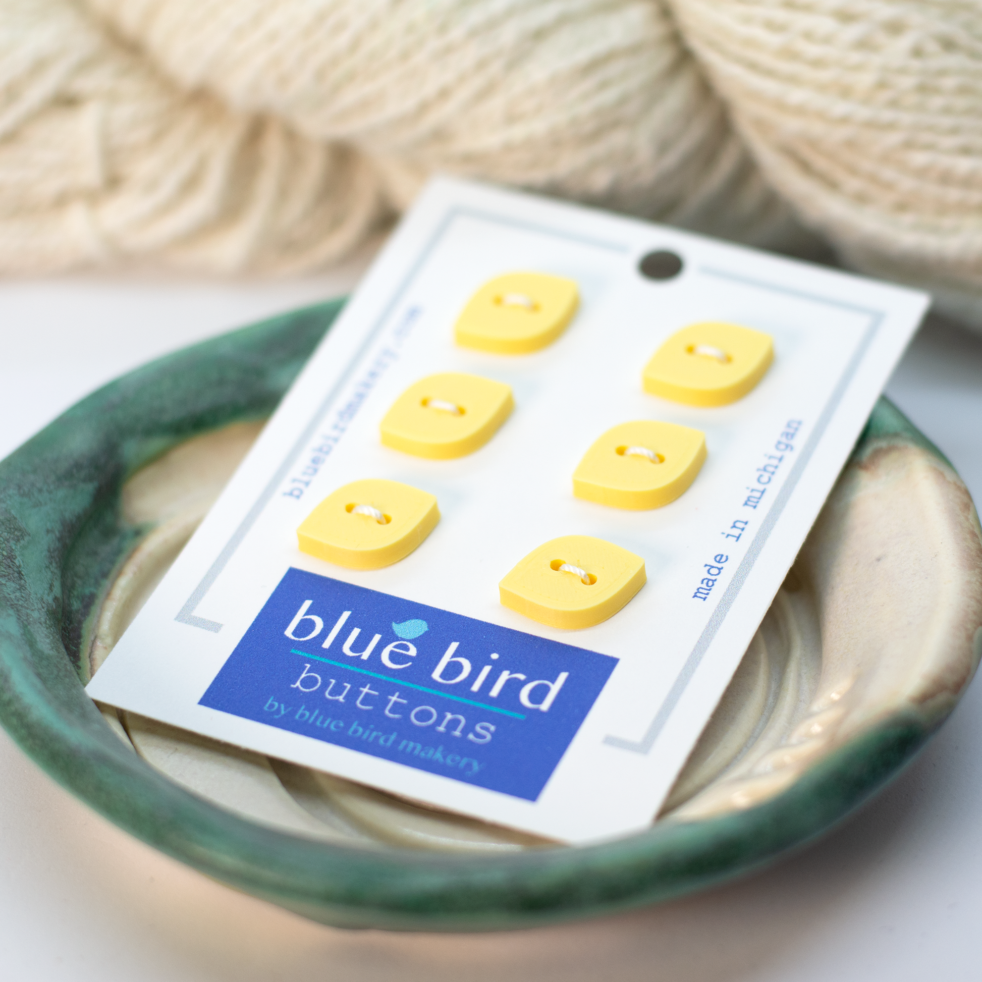 Yellow Blue Bird Buttons on Card for Crafting, featuring 12mm blue bird buttons