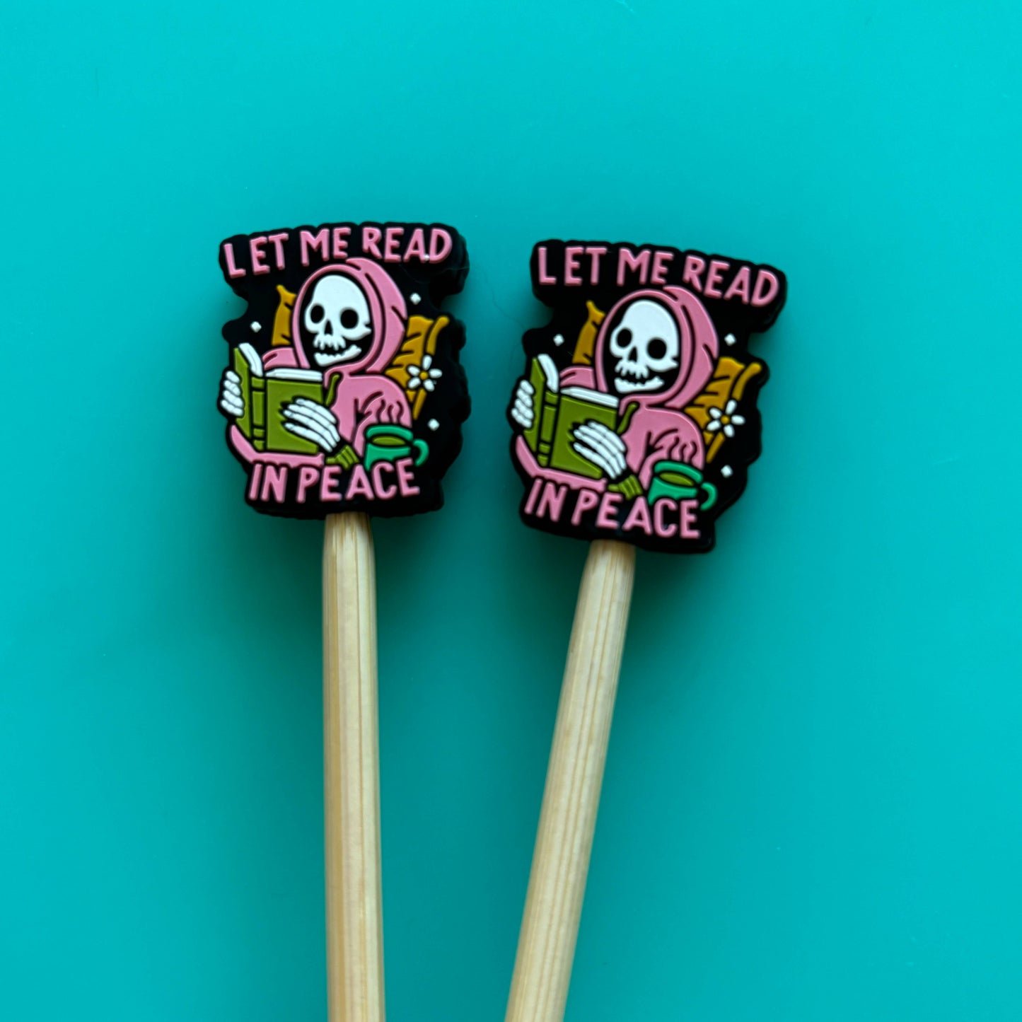 Let Me Read in Peace Skull Pencil Toppers as unique book-themed gifts for avid readers