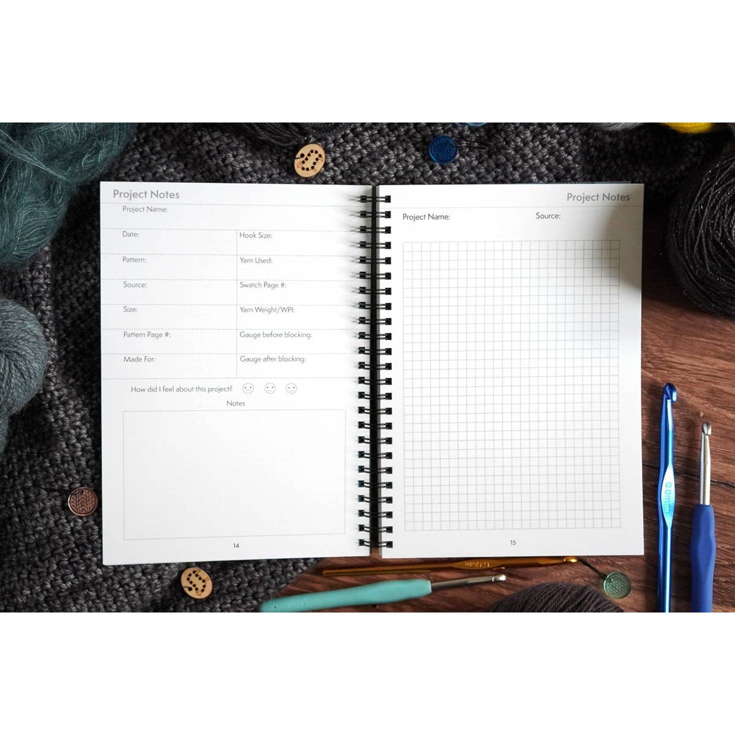 Bri Larson Art crochet pattern organizer notebook open to project notes and grid pages with hooks yarn and buttons