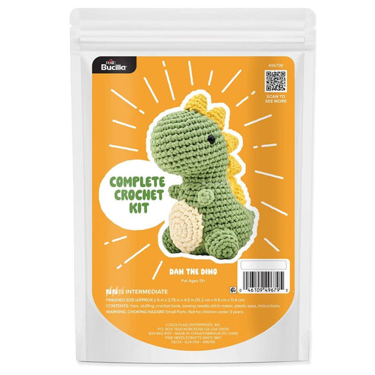 Plaid Crafts amigurumi crochet kit dinosaur with complete materials to make a green and yellow dinosaur