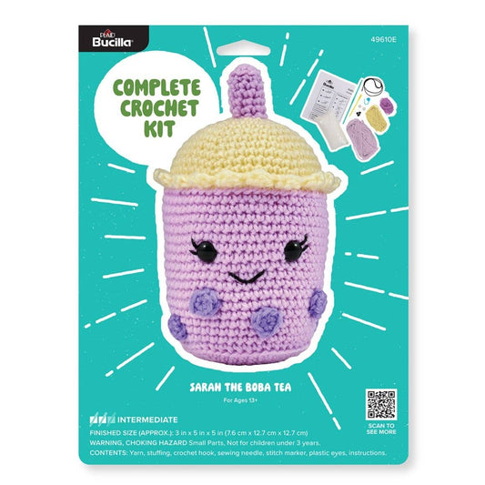 Plaid Crafts amigurumi crochet kit Sarah the Boba Tea plush purple cup with smiling face and pearls
