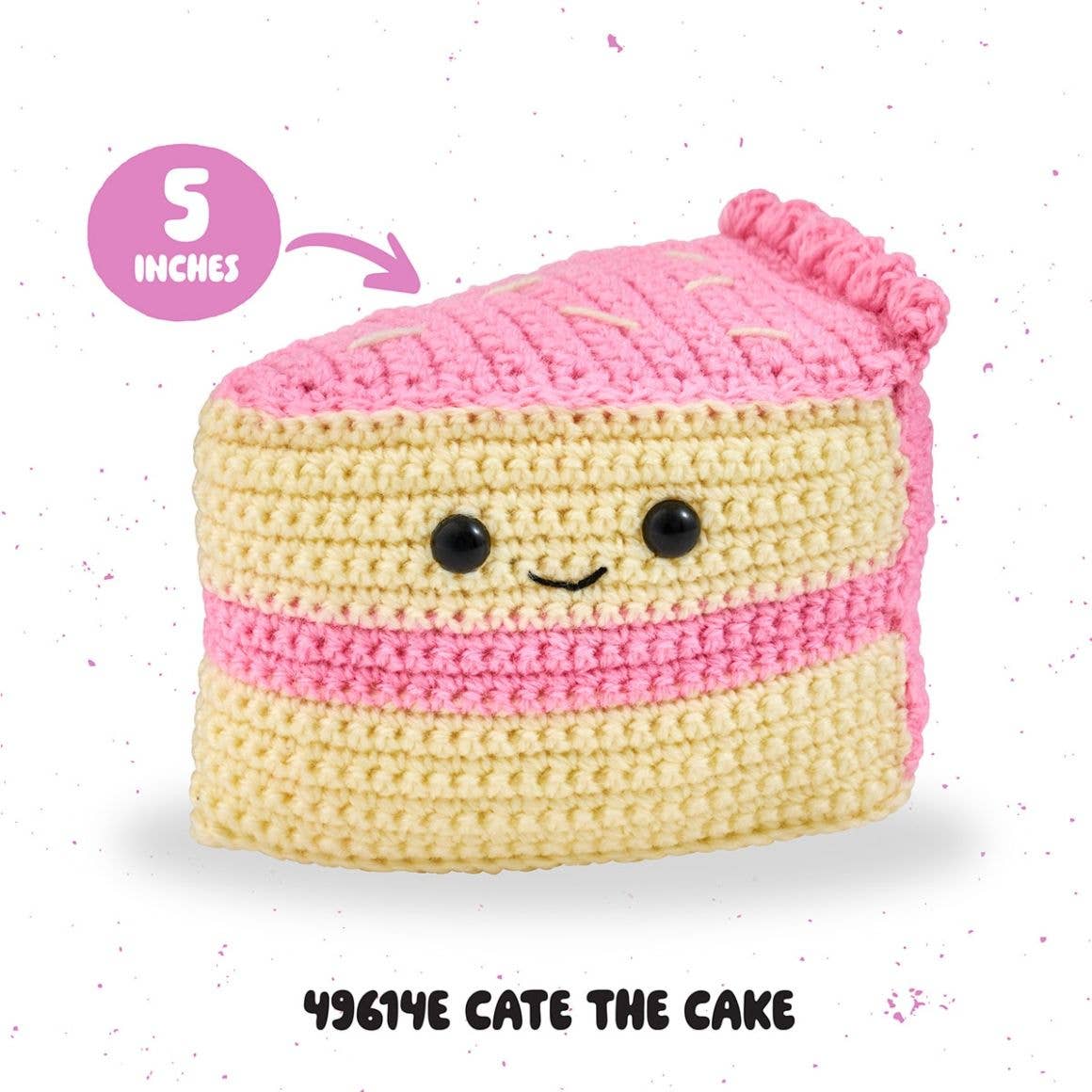 Plaid Crafts 5 inch pink and yellow crochet cake slice with smiling face beginner amigurumi crochet project