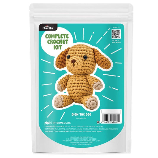 Bucilla Dion the Dog crochet kit package showing finished brown crocheted dog amigurumi and kit label