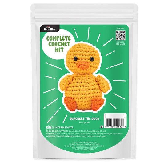 Plaid Crafts complete crochet kit packaging with yellow Quackers the Duck toy duck crochet kit for beginners