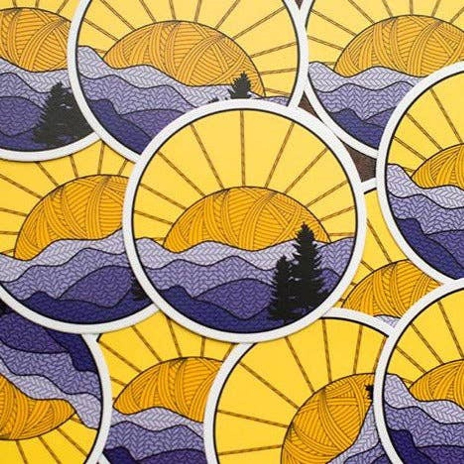 Colorful Camp Sticker featuring a sunset over mountains with intricate designs and vibrant colors