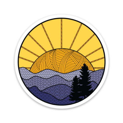Colorful camp sticker featuring a sunset over mountains and trees in a vibrant design