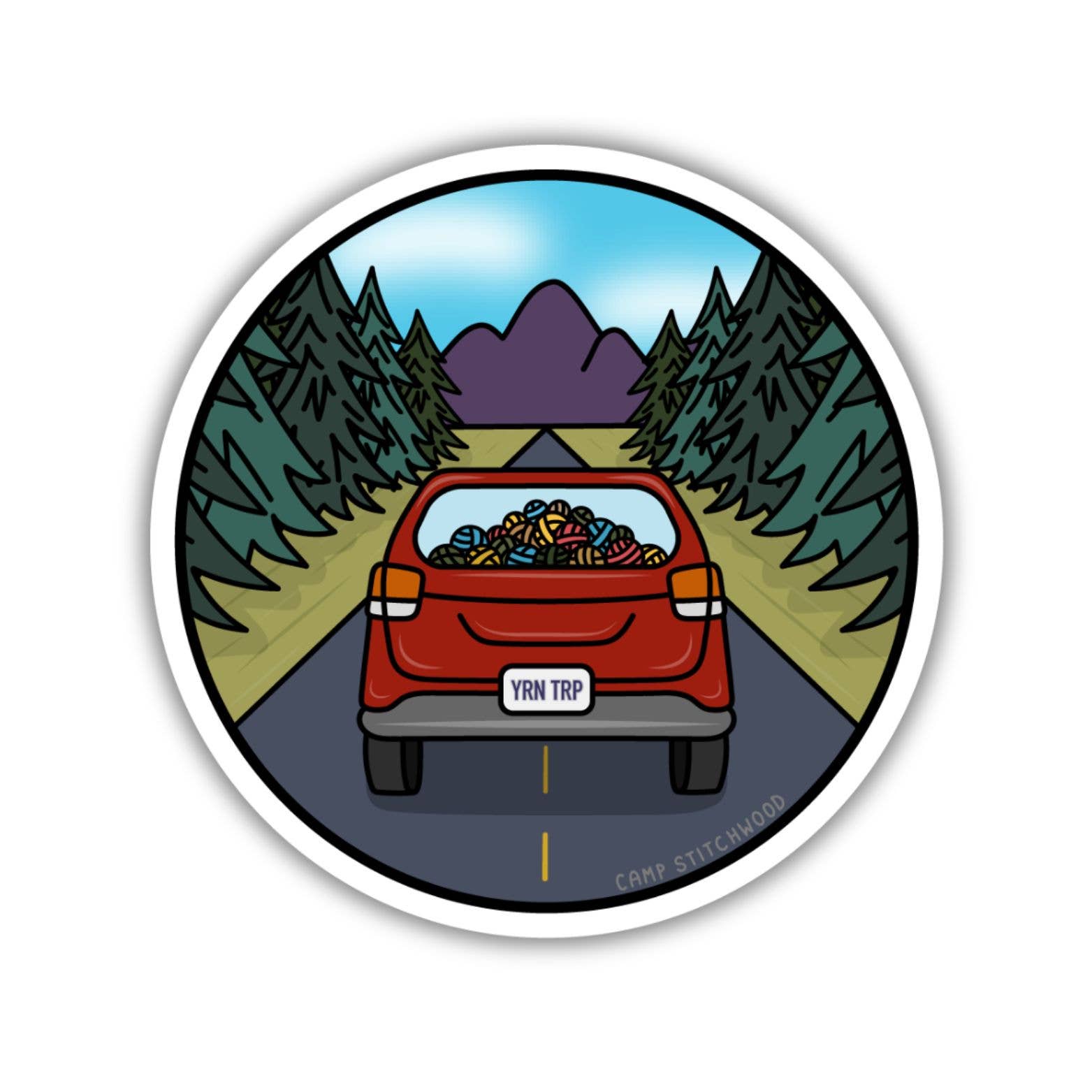 Camp sticker featuring a car filled with colorful yarn on a scenic road with mountains and trees