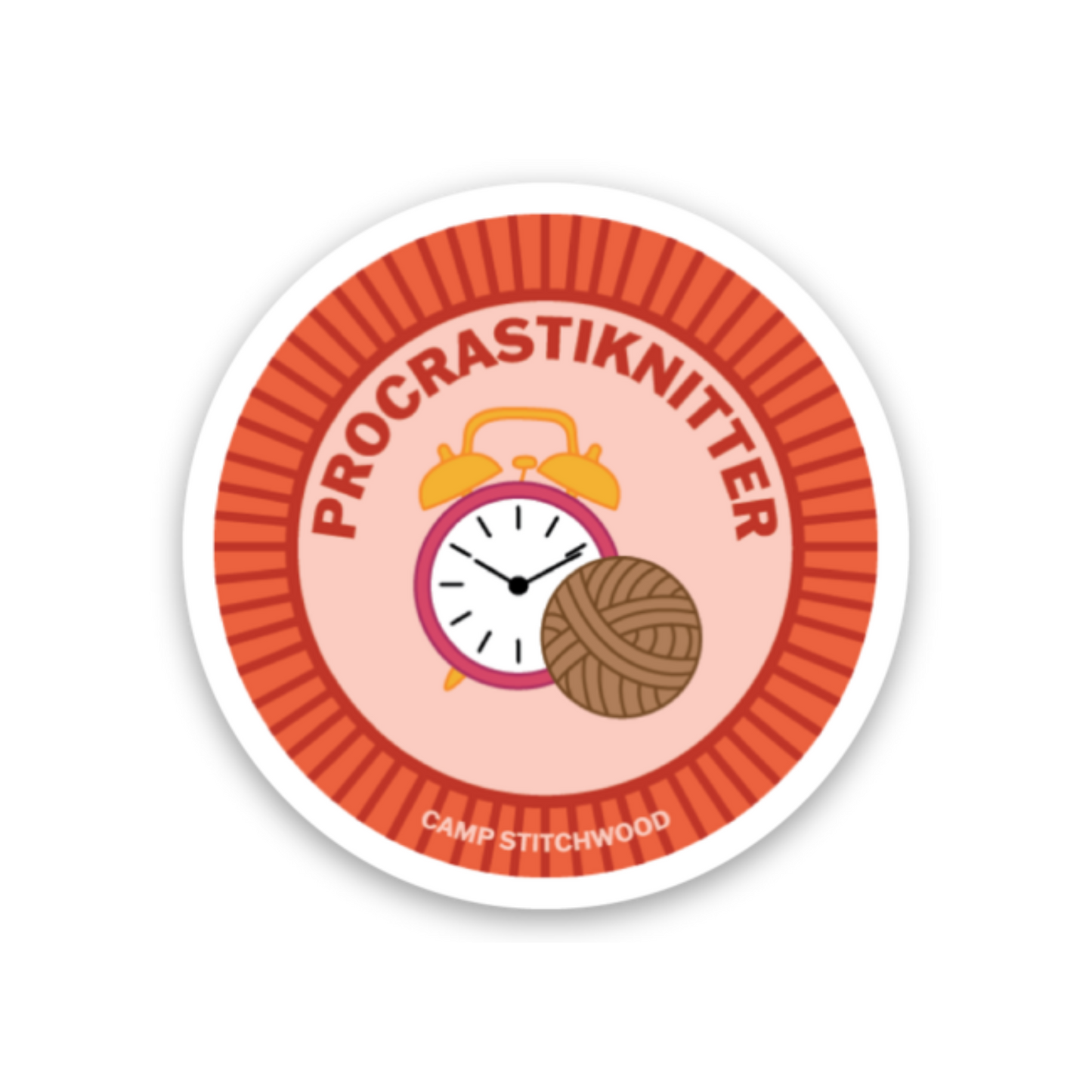 Procrastiknitter badge featuring a clock and yarn, representing camp merit badge requirements