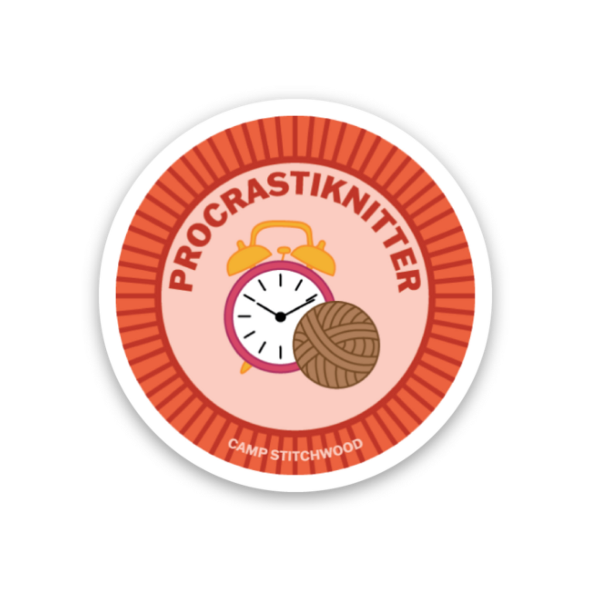 Procrastiknitter badge featuring a clock and yarn, representing camp merit badge requirements