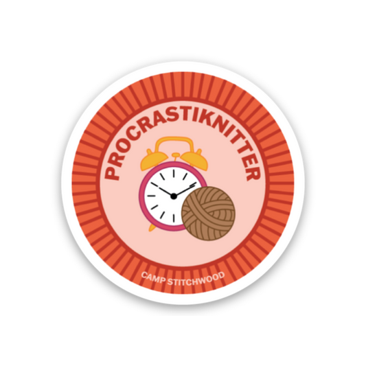 Procrastiknitter badge featuring a clock and yarn, representing camp merit badge requirements