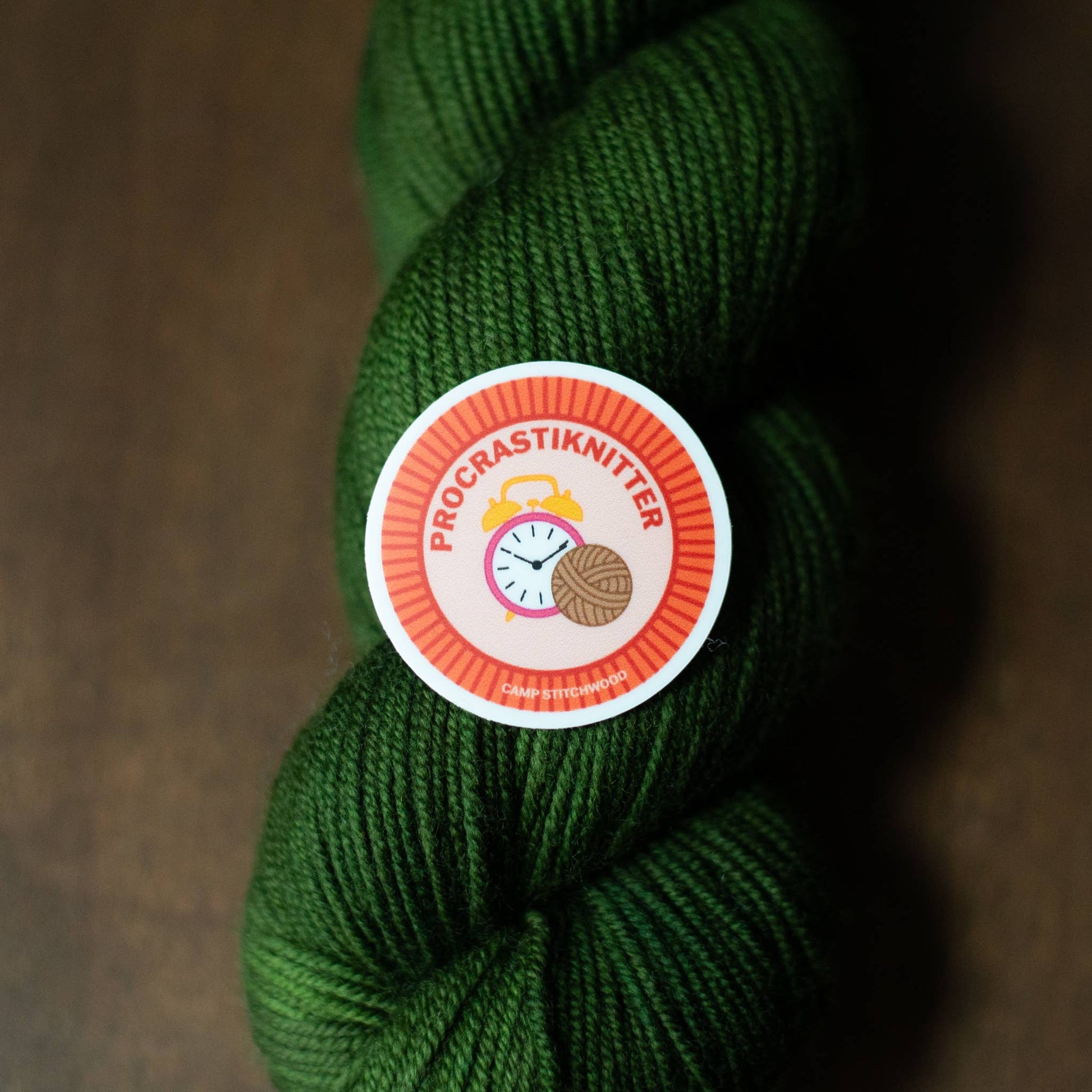 Camp Stitchwood ProcrastiKnitter yarn in green, perfect for meeting camp merit badge requirements