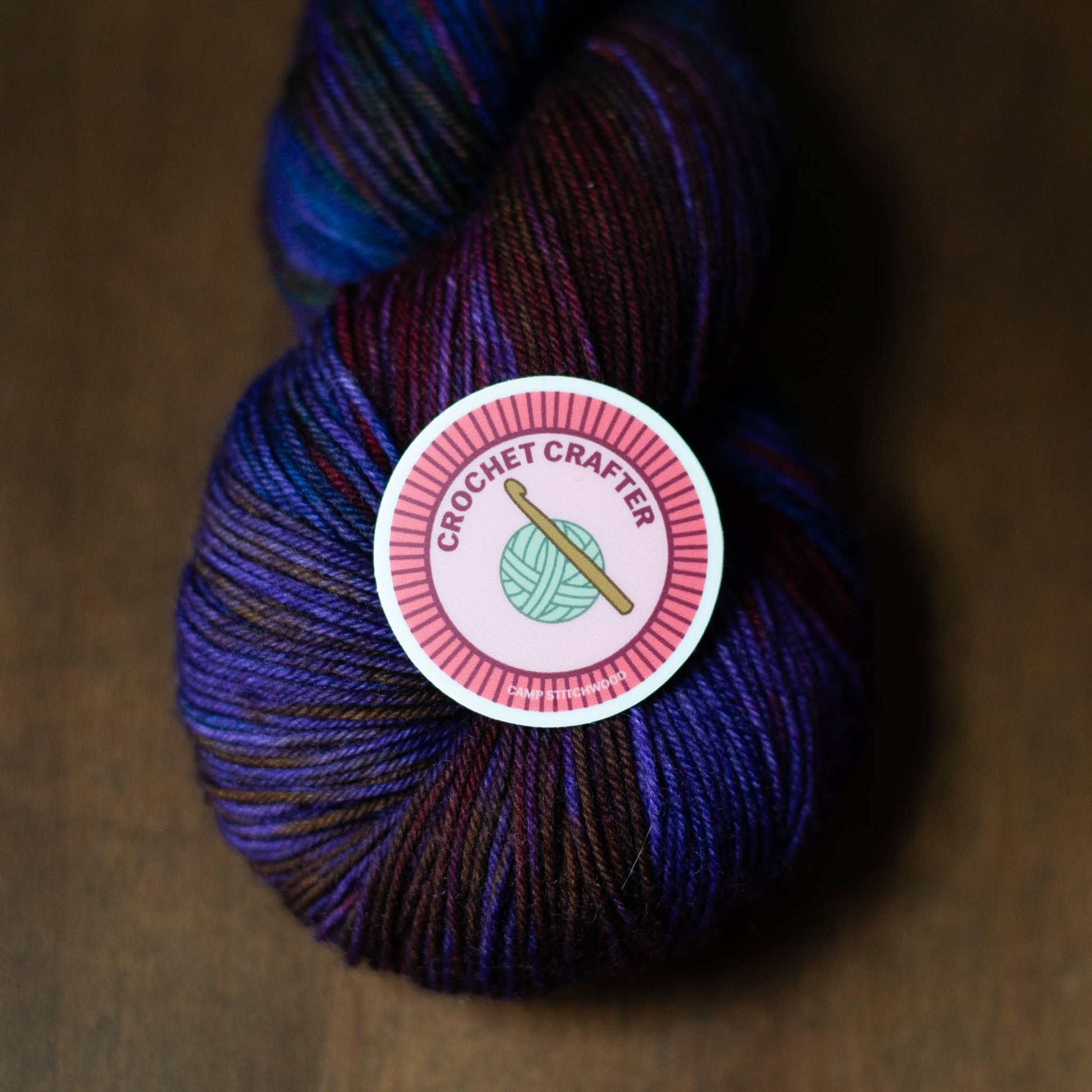 Colorful yarn with a Crochet Crafter sticker, perfect for the cs2 sticker craft maker