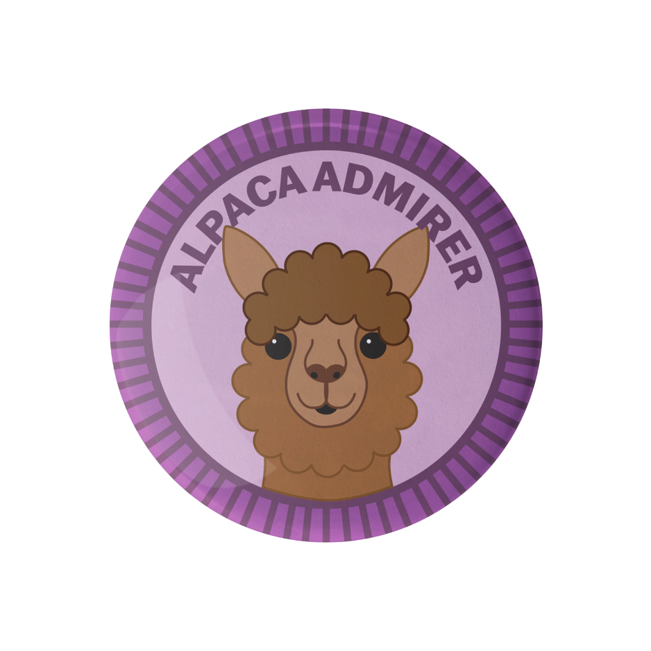 Camp Stitchwood Alpaca Admirer Badge featuring a cute alpaca design, merit badge required for eagle