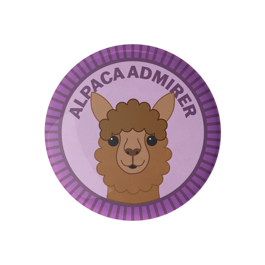 Camp Stitchwood Alpaca Admirer Badge featuring a cute alpaca design, merit badge required for eagle