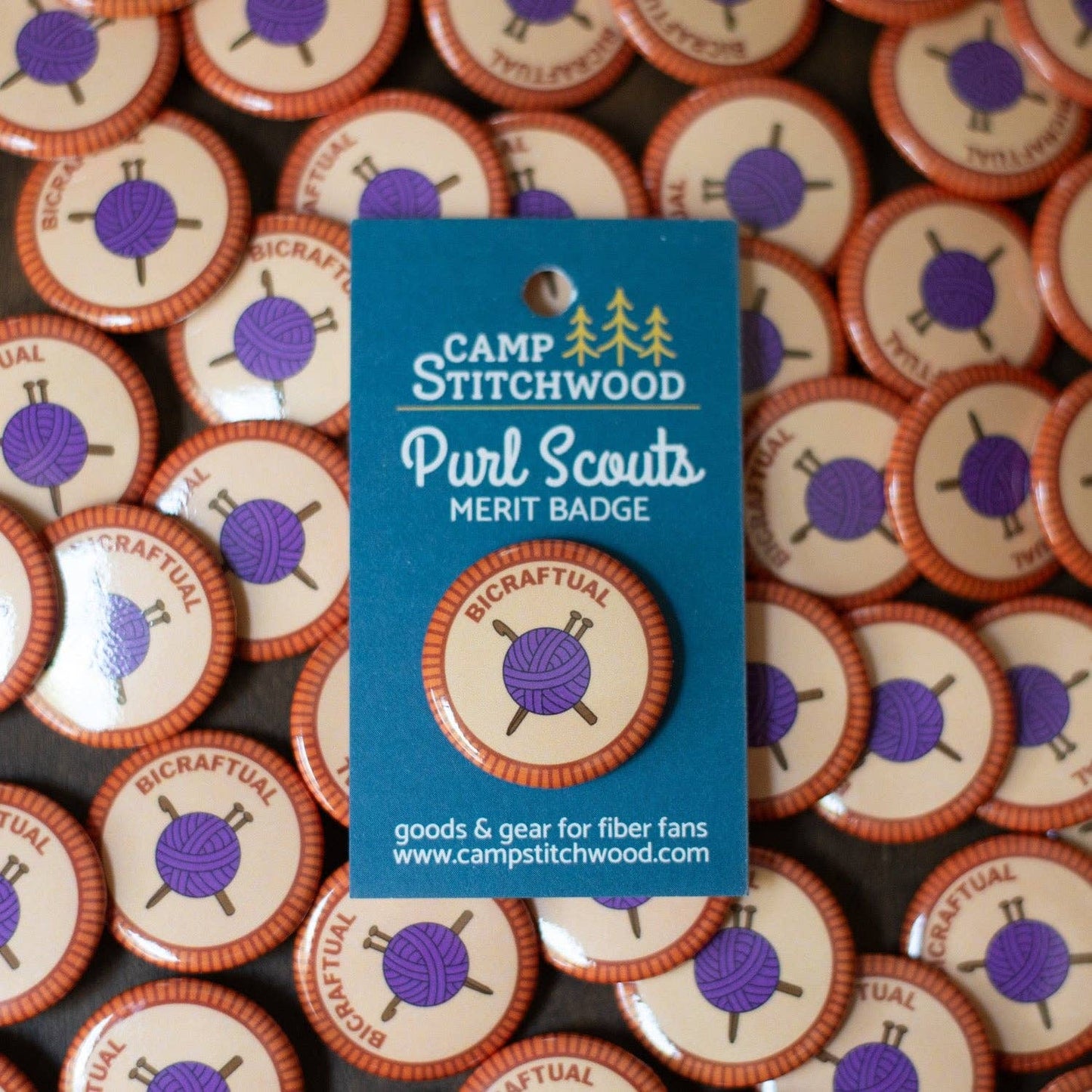 Camp Stitchwood Purl Scouts Merit Badge featuring a yarn icon, ideal for earning merit badge required for eagle