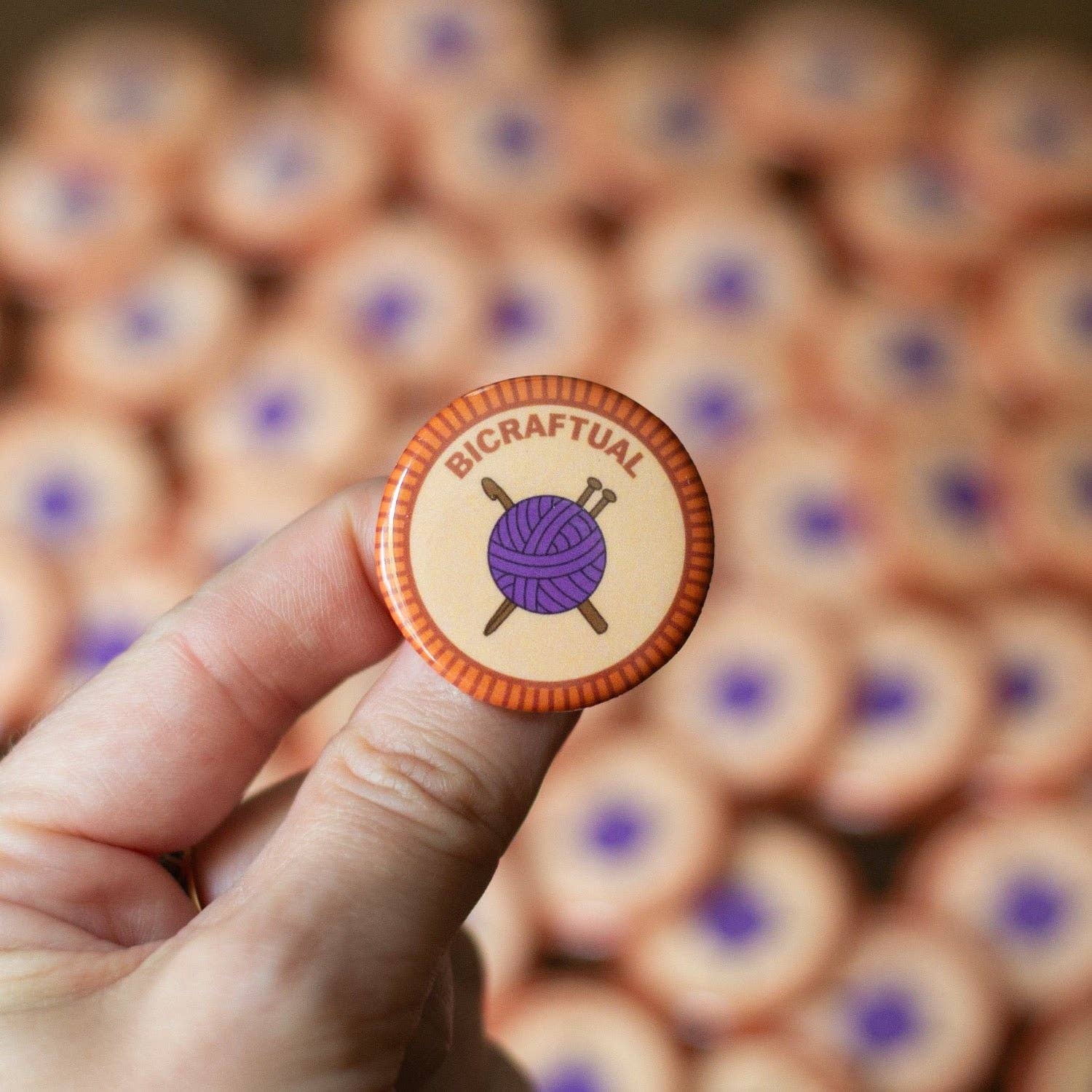 Camp Stitchwood Bicraftful Pin featuring a purple yarn ball, ideal for merit badge required for eagle