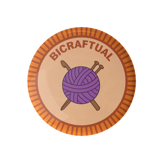 Bicraftual merit badge in purple yarn design, a merit badge required for eagle scouts