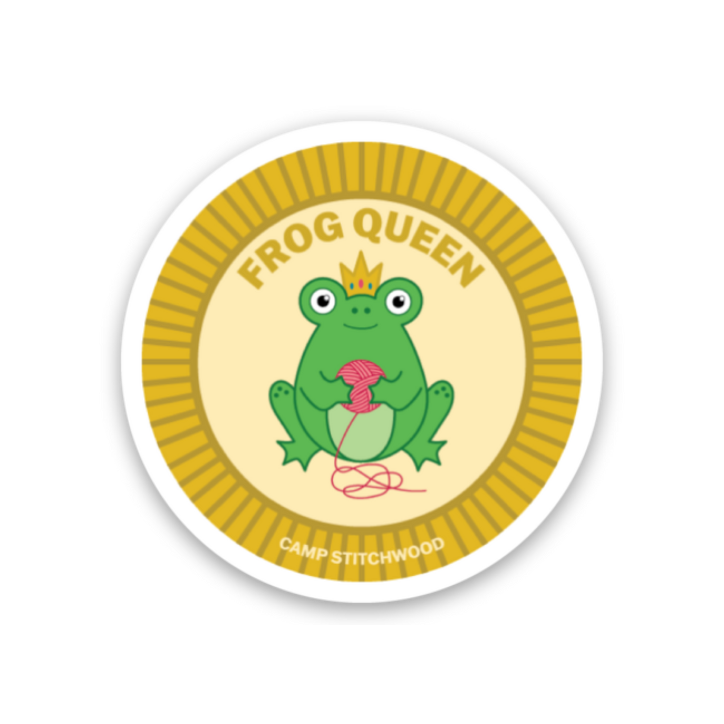 Camp Stitchwood Frog Queen name badge sticker featuring a playful frog holding yarn