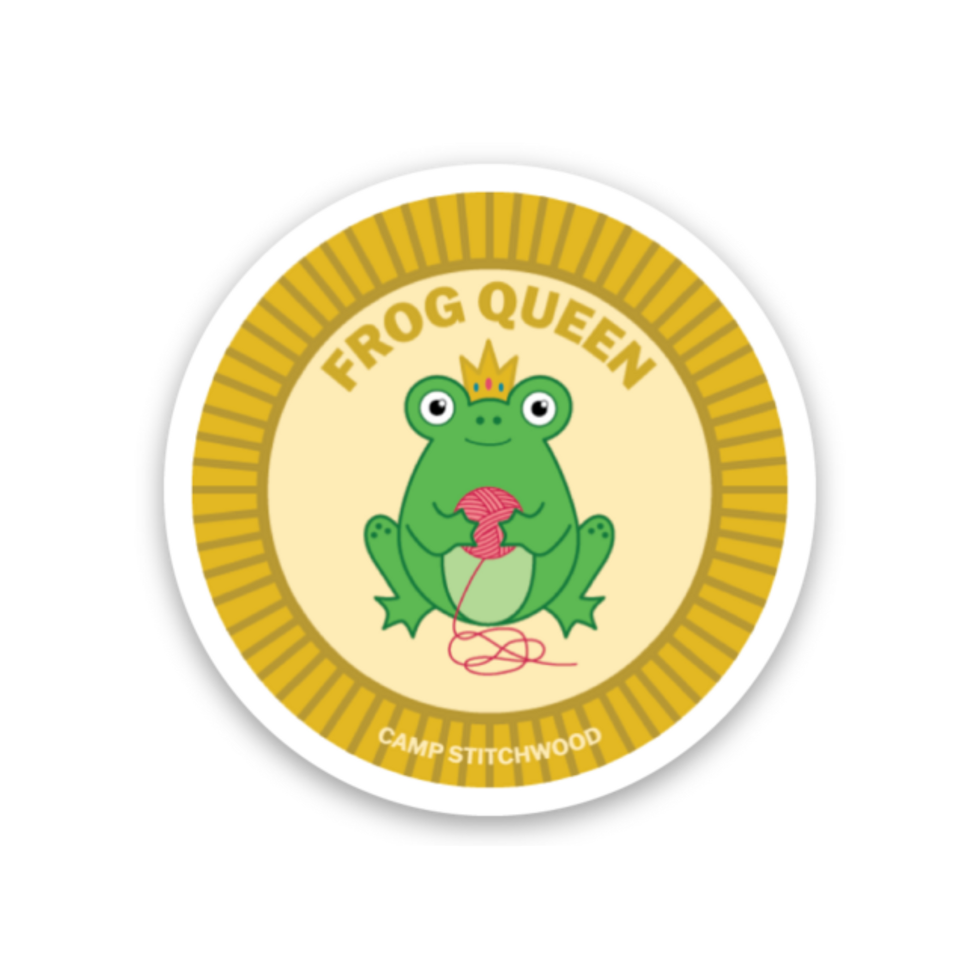 Camp Stitchwood Frog Queen name badge sticker featuring a playful frog holding yarn